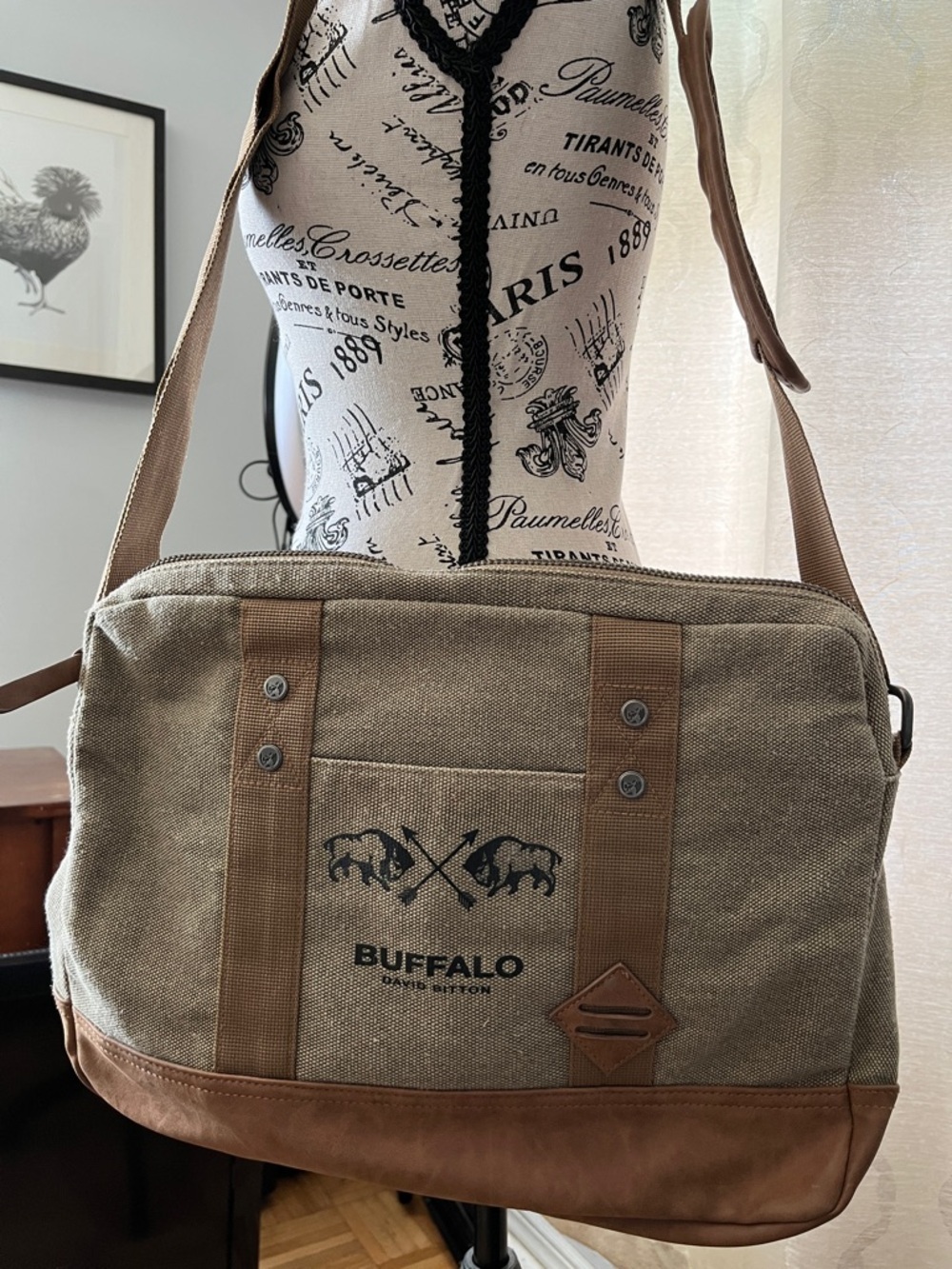 Buffalo David Bitton Olive Canvas Messenger Bag with Brown Trim